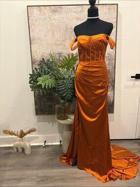 One-Shoulder Satin Corset Evening Gown in Rust Orange